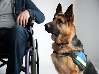 German shepherd service dog looking at its owner in a wheelchair indoors