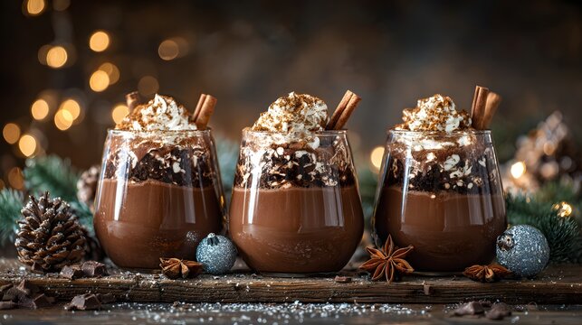 hot chocolate with whipped cream cinnamon and christmas decor around 