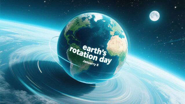 Earth’s Rotation Day January 8 — Planet Earth Spinning in Space with Moon and Stars, Global Astronomy Concept - Powered by Adobe