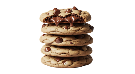 Indulge in rich, gooey chocolate chip cookies stacked high, featuring decadent melted chocolate oozing from a perfectly baked bite, a sweet treat for any occasion.