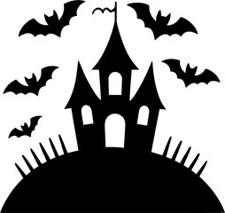 A striking black and white illustration of a gothic castle silhouette