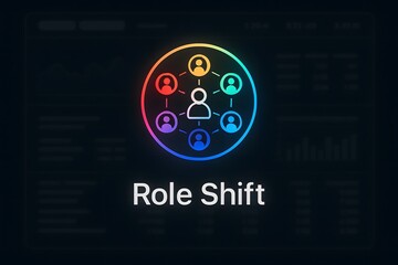 Digital Dashboard Highlighting Team Dynamics and Collaboration: Central Role Shift Icon Surrounded by Glowing User Avatars in a Futuristic HR Management Interface