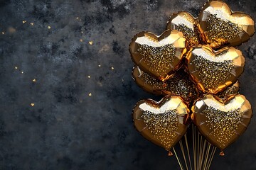 Generate an enchanting love-themed banner filled with glittering gold heart-shaped balloons on a transparent background, perfect for a romantic night out.