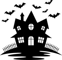 Silhouetted house with a peaked roof and surrounding trees outline