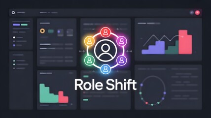 Digital Dashboard Highlighting Team Dynamics and Collaboration: Central Role Shift Icon Surrounded by Glowing User Avatars in a Futuristic HR Management Interface