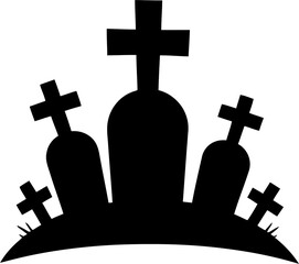 Silhouettes of grave markers and a tombstone against a dark background