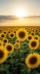 Fototapeta premium A stunning display of cheerful sunflowers reaching toward the bright midday sun, creating a vast, golden, luminous summer landscape ,nature ,midday ,head