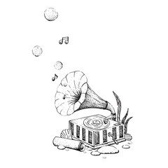 A graphic illustration of a sunken gramophone with shells and seaweed. Isolated black and white hand drawn illustration in a simple style.