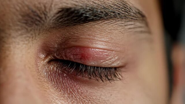 Extreme close up shot of a man's brown eye suffering from a stye, also known as a hordeolum, an infection causing redness, irritation, swelling, and purulent discharge on the eyelid