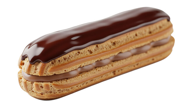 Indulge in a decadent, perfectly crafted chocolate éclair bursting with creamy filling and topped with a rich, glossy ganache for an irresistible sweet treat.