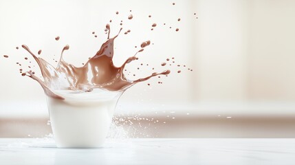 A vibrant explosion of chocolate and milk colliding in slow motion, forming intricate patterns of creamy swirls and splashes, with a softly lit gradient background in shades of beige