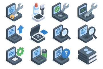 Fototapeta premium Guide maintenance repair biometric cleaning icon test vector replacement troubleshooting kit diagnostic