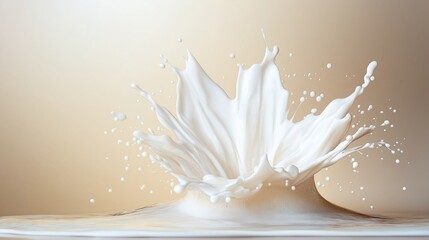 A vibrant explosion of chocolate and milk colliding in slow motion, forming intricate patterns of creamy swirls and splashes, with a softly lit gradient background in shades of beige