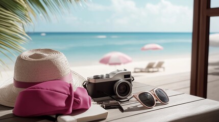 A vibrant array of summer travel items, including a snorkel set, sunglasses, a beach hat, and a camera, scattered across a wooden table, with a ocean visible through an open door leading to the beach