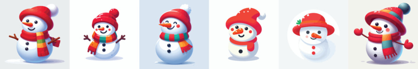 Cheerful Snowman with Red Hat and Carrot Nose in Minimalist Winter Design. Vektor, design, minimalist, illustrations, set icon