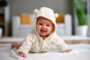 Cute Caucasian baby girl with blue eyes makes a funny grimace or playful expression while lying on her tummy in a cozy beige fleece jumpsuit with bear ears.