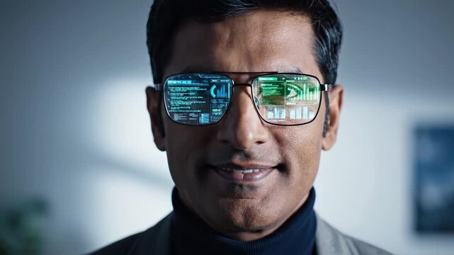 Confident indian programmer analyzing holographic data and code reflecting in his augmented reality glasses while looking at the camera and smiling, representing a futuristic interface
