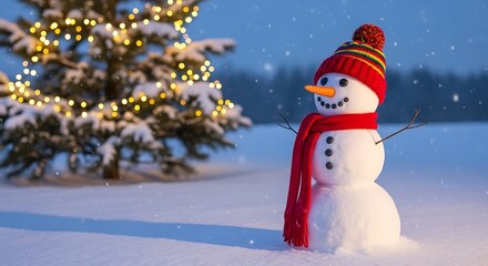Fototapeta premium Cute snowman with red scarf and hat standing in a snowy landscape