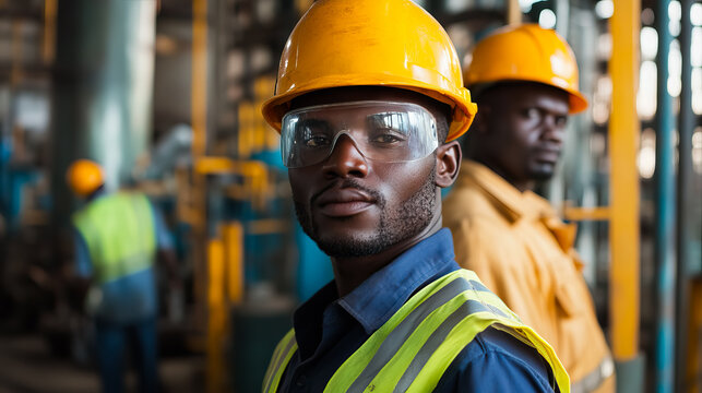Diverse team of construction workers in safety gear at the industrial plant for Africa Industrialization Day