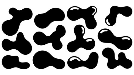 Modern black fluid shapes on white background create dynamic abstract pattern for trendy designs, perfect for branding, web design, and artistic backgrounds