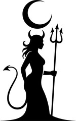 Silhouette of a horned figure with a crescent moon and trident