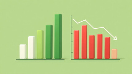 Minimal Japanese infographic showing sales growth and profit decline on light green background