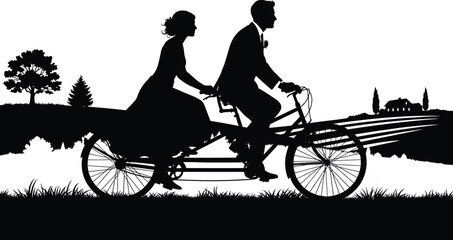 Obraz premium Romantic couple riding tandem bicycle, love silhouette illustration, countryside landscape scene, vintage wedding concept art, relationship journey, flat vector design