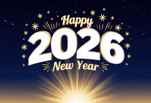 Bright celebration of happy new year 2026 with stars and sunrise theme