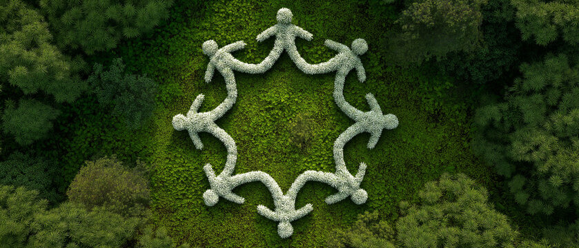 Eco Community Unity Circle, Environmental Protection, Nature Collaboration, Sustainability Teamwork, Green Togetherness Concept. Panoramic bg