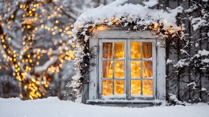 snow-covered window with glowing christmas lights reflection 