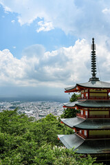 japanese temple in the morning, view on mount fuji