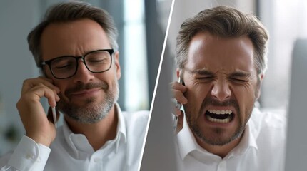 Expressions of Telecommunication Emotions: Capturing a range of emotions during a phone call, from annoyance to relief, shown by this person. This image tells the story of our daily life.