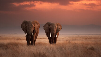 Obraz premium Two Wild African Elephants Walking on the Savanna at Sunset