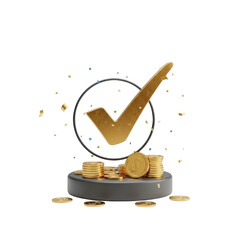 Golden checkmark symbol on a podium with stacked coins and falling confetti, isolated on black