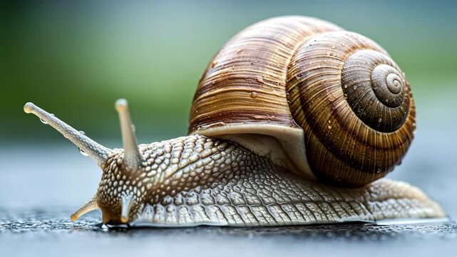Slow moving snail journey on smooth surface with detailed shell texture