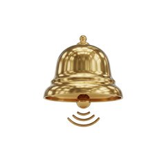Golden notification bell with sound waves emanating, isolated on a black background graphic