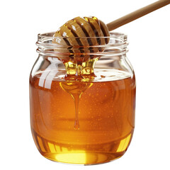 Golden Honey Dripping from a Wooden Dipper into a Glass Jar food sweet