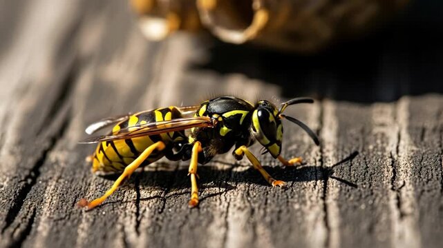 Closeup of wasp exploring wooden surface with intricate movements and detailed texture