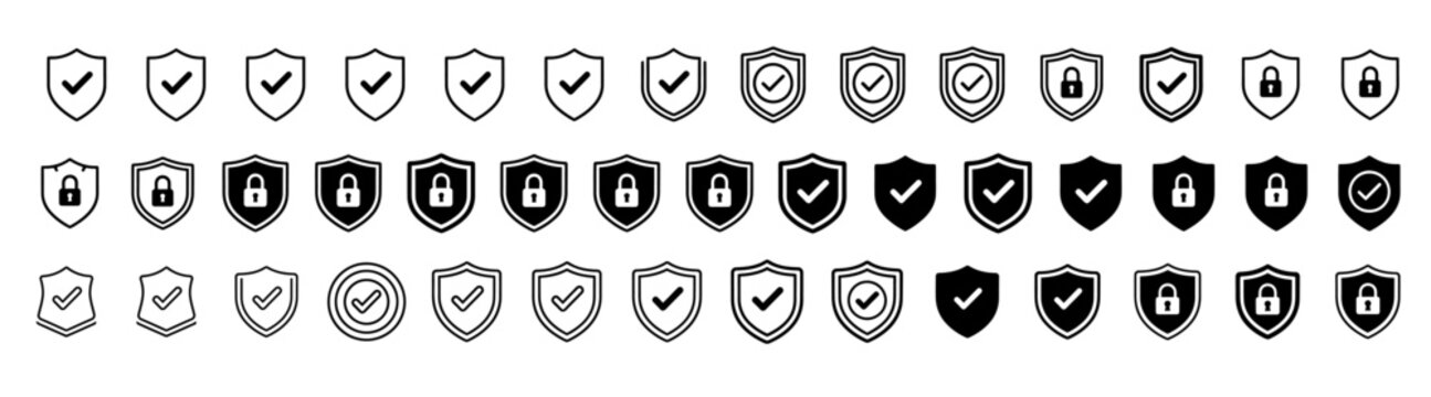 Security shield icon set. Shield check mark symbols. Protection and padlock logotypes. Vector illustration. 