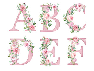 Watercolor pink roses flowers letter set, alphabet for card design, initials, monogram print.