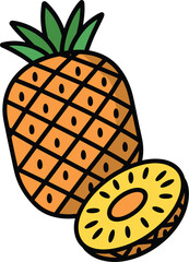 Whole and sliced pineapple with green leaves on white background fruit tropical