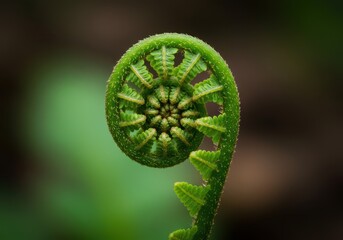 Extreme close-up of a vibrant green fiddlehead fern unfurling in the damp spring forest floor, illustrating the perfect logarithmic spiral growth, botanical, pattern, biology