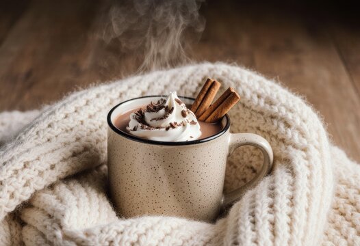 Warm hot chocolate with whipped cream and cinnamon sticks on cozy blanket