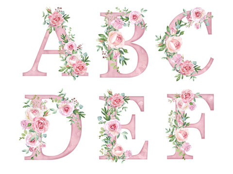 Watercolor pink roses flowers letter set, alphabet for card design, initials, monogram print.