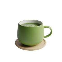 Green ceramic mug filled with frothy matcha tea on a wooden coaster graphic design