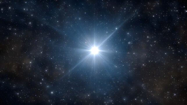 Brilliant star glowing intensely in vast dark cosmos surrounded by cosmic dust and distant stars