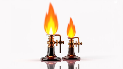 A digital illustration of two vintage-style Bunsen burners with glowing orange flames against a white background