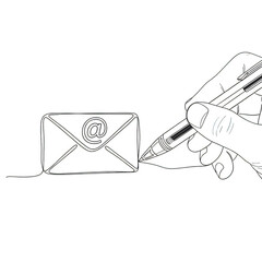 Hand Drawing Email Envelope with "@" Symbol and Pen in White Line Art Keywords: email, communication, message, contact