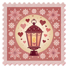 Retro Valentine&rsquo;s Day stamp featuring a glowing lantern surrounded by hearts and flowers, creating a warm atmosphere for the holiday