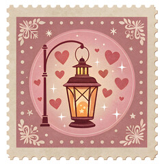 Retro Valentine&rsquo;s Day stamp features glowing lantern with hearts and decorative elements celebrating love